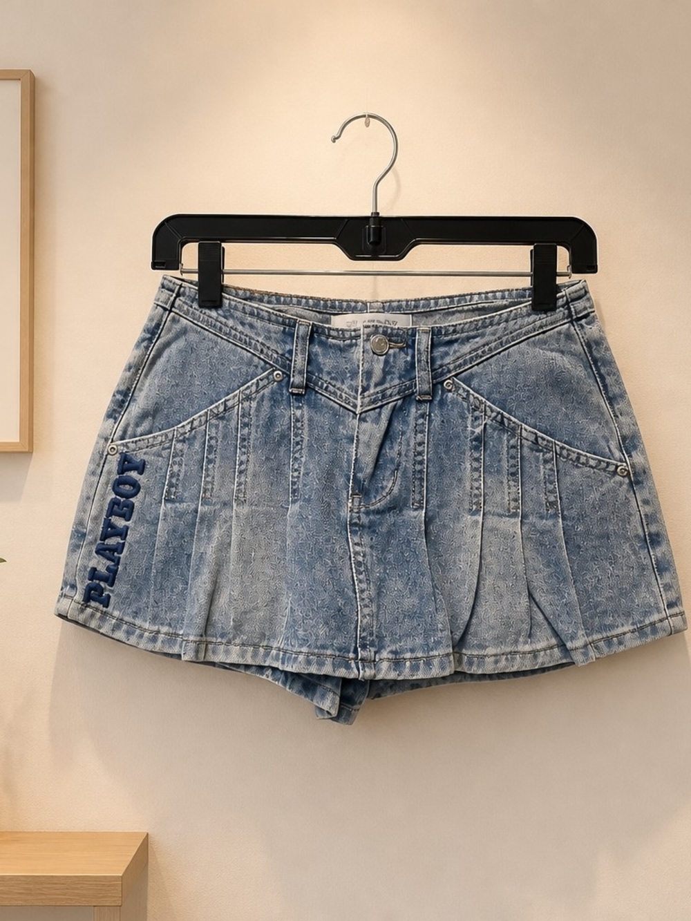Denim Pleated Women’s Shorts in Light Blue